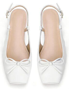 Women's Pearl White Slingback Square Toe Bow Knit Ankle Buckle Satin Ballet Flat